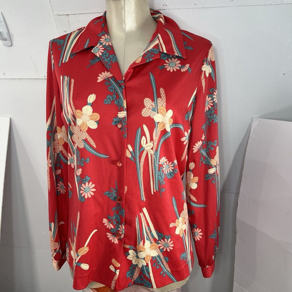 Graff CaliforniaWear Button Front blouse Womens L Floral Red Secretary